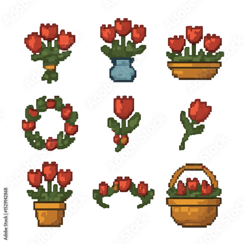 Tulip Icon Collection. Pixel art icon set of tulip arrangements: hand bouquet, vase, centerpiece, wreath, corsage, boutonniere,