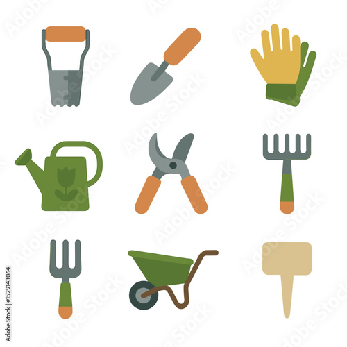 Tulip Gardening Icons. Flat icon set of tulip gardening tools: bulb planter, hand trowel, garden gloves, watering can, pruning