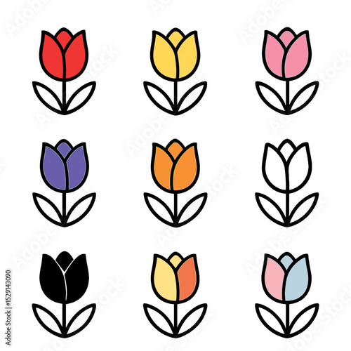 Tulip Icon Grid. Outline icon set of tulip colors: red, yellow, pink, purple, orange, white, black, bi-color, pastel. .