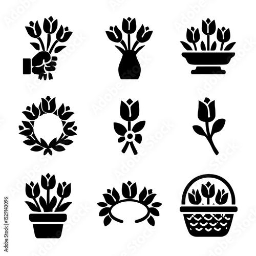 Tulip Icon Grid. Solid, Filled icon set of tulip arrangements: hand bouquet, vase, centerpiece, wreath, corsage, boutonniere,