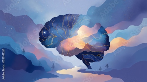 A vibrant brain appears against a mystical landscape, bathed in soft colors and illuminated with stars