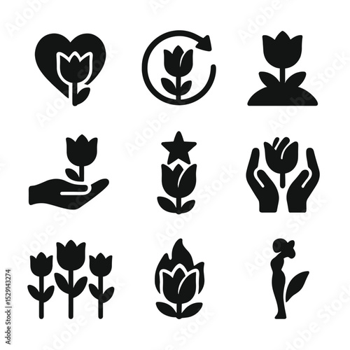 Tulip Symbolism Icons. Solid, Filled icon set of tulip symbolism: love, rebirth, spring, charity, fame, forgiveness, abundance,