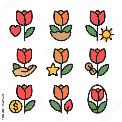 Tulip Symbolism Icons. Flat icon set of tulip symbolism: love, rebirth, spring, charity, fame, forgiveness, abundance, passion,