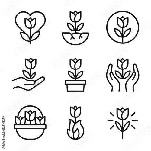 Tulip Symbolism Icons. Outline icon set of tulip symbolism: love, rebirth, spring, charity, fame, forgiveness, abundance, passion,