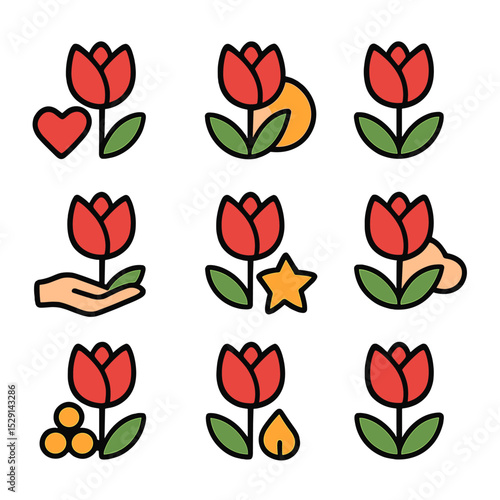 Tulip Symbolism Icons. Flat icon set of tulip symbolism: love, rebirth, spring, charity, fame, forgiveness, abundance, passion,