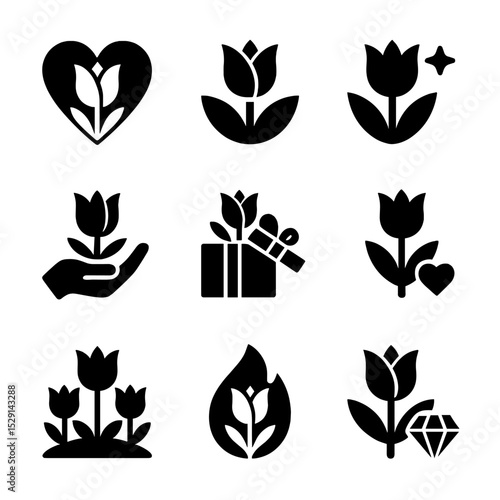 Tulip Symbolism Icons. Solid, Filled icon set of tulip symbolism: love, rebirth, spring, charity, fame, forgiveness, abundance,