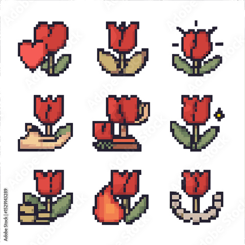 Tulip Symbolism Icons. Pixel art icon set of tulip symbolism: love, rebirth, spring, charity, fame, forgiveness, abundance,