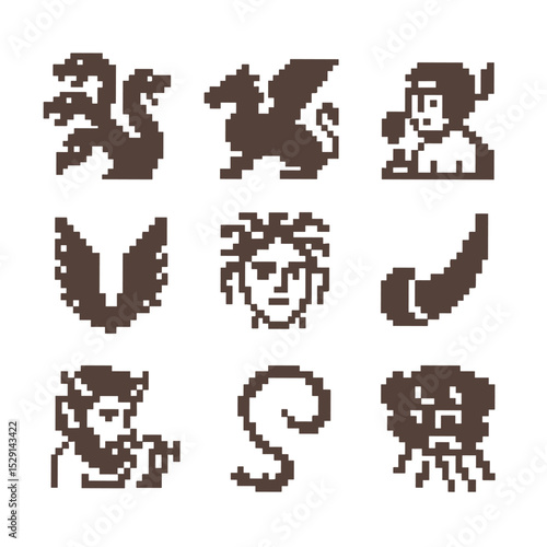 Underworld Creatures Icons. Pixel art icon set of underworld creatures: Hydra heads, Chimera silhouette, Sphinx riddles, Harpy