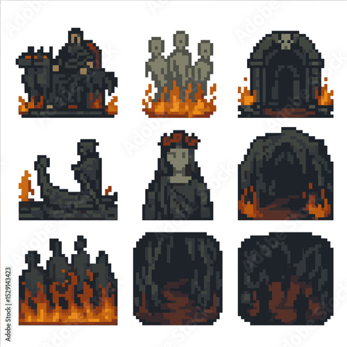 Underworld Icon Set. Pixel art icon set of Cerberus myth scenes: Hades throne, River Styx, soul spirits, underworld gate, Charon’s