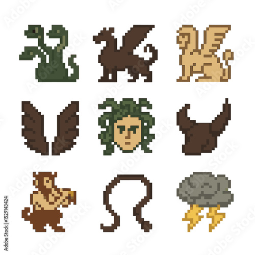 Underworld Creatures Icons. Pixel art icon set of underworld creatures: Hydra heads, Chimera silhouette, Sphinx riddles, Harpy