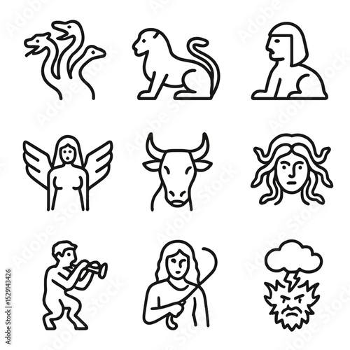Underworld Creatures Icons. Outline icon set of underworld creatures: Hydra heads, Chimera silhouette, Sphinx riddles, Harpy wings