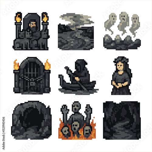 Underworld Icon Set. Pixel art icon set of Cerberus myth scenes: Hades throne, River Styx, soul spirits, underworld gate, Charon’s