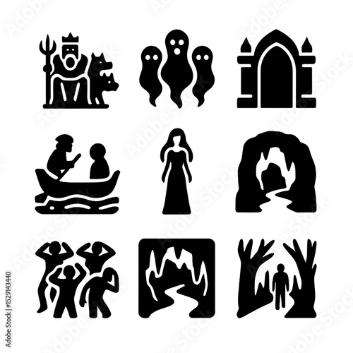 Underworld Myth Icon Grid. Solid, Filled icon set of Cerberus myth scenes: Hades throne, River Styx, soul spirits, underworld gate