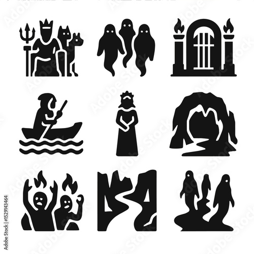 Underworld Myth Icon Grid. Solid, Filled icon set of Cerberus myth scenes: Hades throne, River Styx, soul spirits, underworld gate