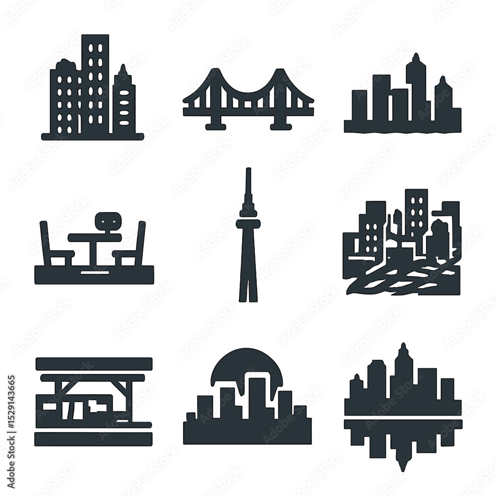 Obraz premium Urban Skyline Icons. Flat icon set of urban skyline perspectives: high-rise cluster, bridge silhouette, waterfront skyline,