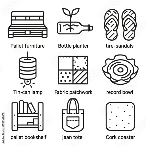 Upcycling Icons Grid. Outline icon set of upcycling products: pallet furniture, bottle planter, tire sandals, tin-can lamp, fabric