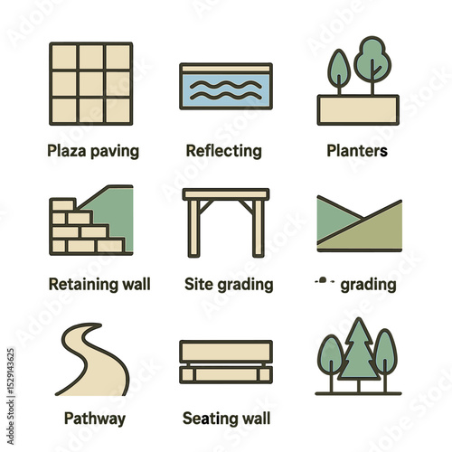 Urban Landscape Icons. Flat icon set of landscape and building integration: plaza paving, reflecting pool, planters, retaining