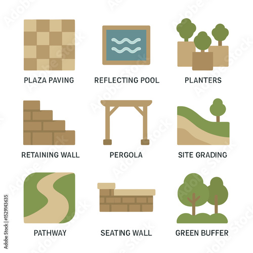 Urban Landscape Icons. Flat icon set of landscape and building integration: plaza paving, reflecting pool, planters, retaining