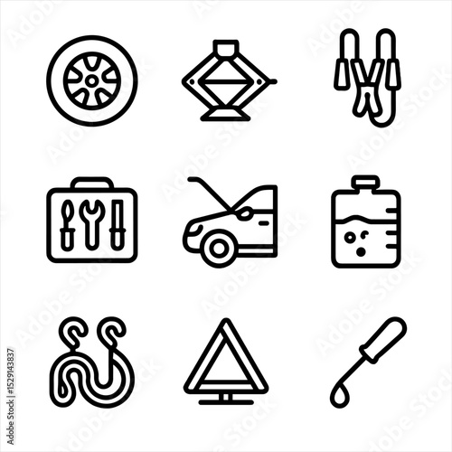 Vehicle Maintenance Icons. Outline icon set of vehicle maintenance on the go: spare tire, jack, jumper cables, tool kit, engine