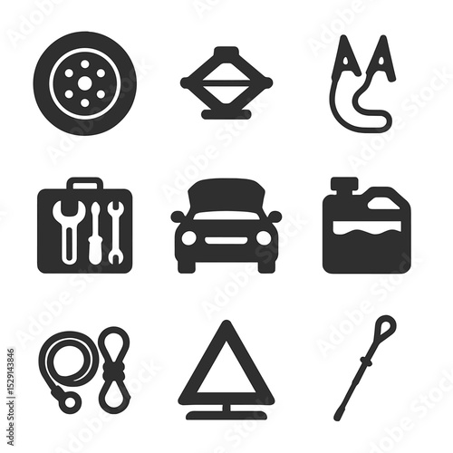 Vehicle Maintenance Icons. Flat icon set of vehicle maintenance on the go: spare tire, jack, jumper cables, tool kit, engine hood,