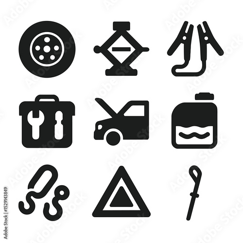 Vehicle Maintenance Icons. Solid, Filled icon set of vehicle maintenance on the go: spare tire, jack, jumper cables, tool kit,
