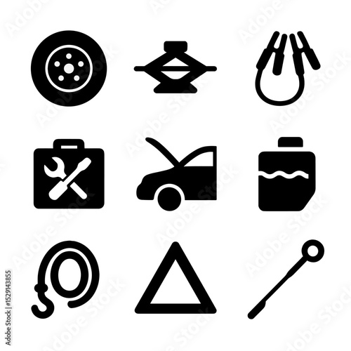 Vehicle Maintenance Icons. Solid, Filled icon set of vehicle maintenance on the go: spare tire, jack, jumper cables, tool kit,