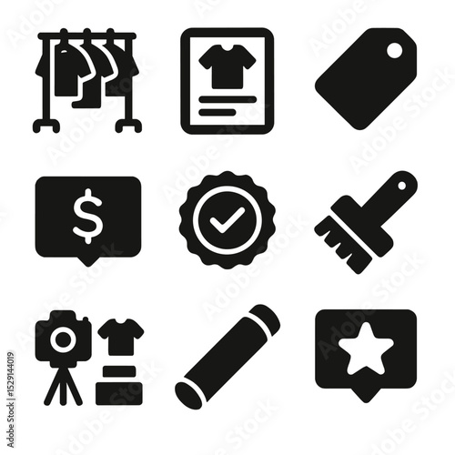 Vintage Reselling Icons. Solid, Filled icon set of vintage reselling: thrift rack, online marketplace screen, secondhand tag,