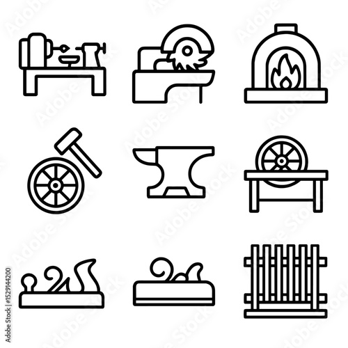 Wagon Wheel Crafting Icons. Outline icon set of wagon wheel manufacture: lathe, saw, forge, hammer, anvil, wood workshop, plane