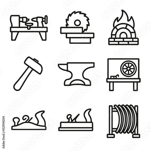Wagon Wheel Crafting Icons. Outline icon set of wagon wheel manufacture: lathe, saw, forge, hammer, anvil, wood workshop, plane