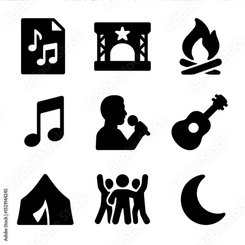 Wagon Wheel Festival Icons. Solid, Filled icon set of “Wagon Wheel” song festival: sheet music, festival stage, campfire, music