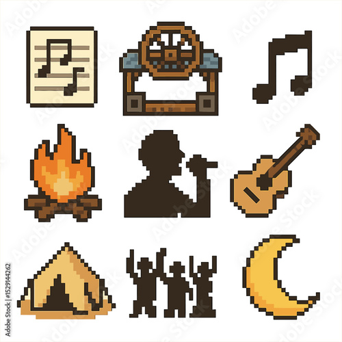Wagon Wheel Festival Icons. Pixel art icon set of “Wagon Wheel” song festival: sheet music, festival stage, campfire, music note,