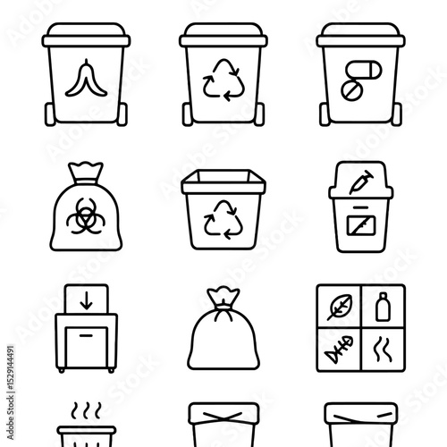 Waste Management Icons. Outline icon set of waste management: labeled waste bins, biohazard bag, recycling bin, sharps container,