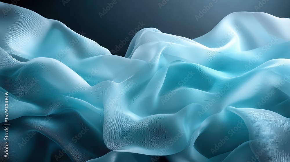 Fototapeta premium An abstract depiction of soft, flowing silk fabric in shades of cyan and white, creating a serene and tranquil atmosphere with flowing textures and gentle gradients.