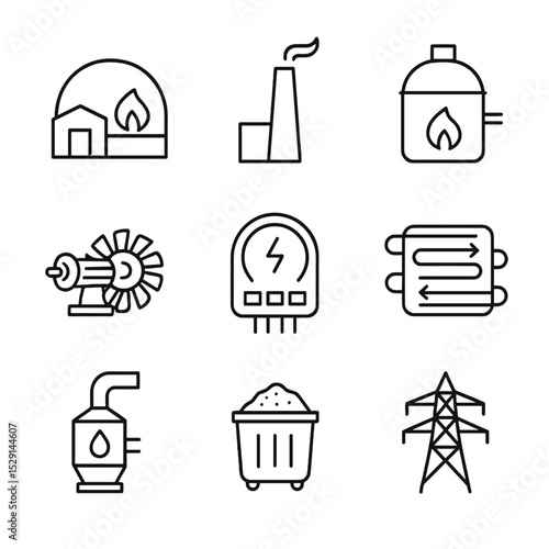 Waste-to-Energy Icons. Outline icon set of waste-to-energy: biogas plant, incinerator chimney, anaerobic digester tank, steam