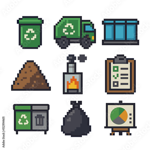 Waste Management Icons. Pixel art icon set of packaging waste management: waste bin, recycling truck, sorting station, landfill