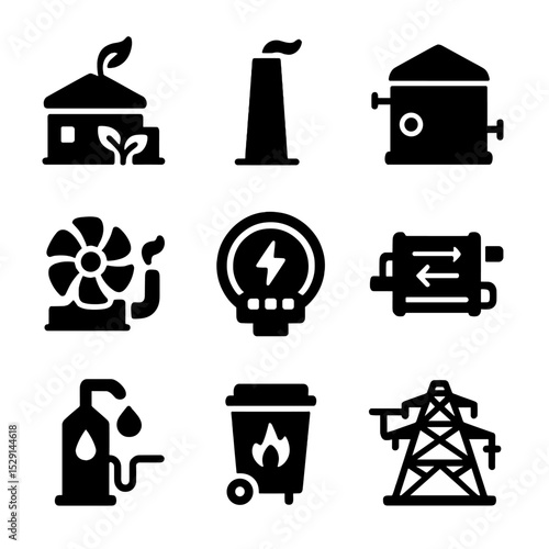 Waste-to-Energy Icons. Solid, Filled icon set of waste-to-energy: biogas plant, incinerator chimney, anaerobic digester tank,