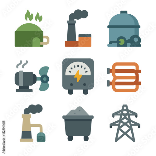 Waste-to-Energy Icons. Flat icon set of waste-to-energy: biogas plant, incinerator chimney, anaerobic digester tank, steam turbine