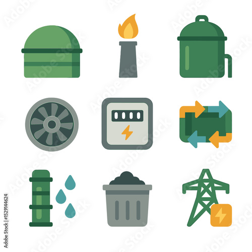 Waste-to-Energy Icons. Flat icon set of waste-to-energy: biogas plant, incinerator chimney, anaerobic digester tank, steam turbine
