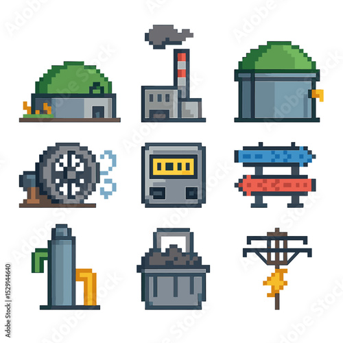 Waste-to-Energy Icons. Pixel art icon set of waste-to-energy: biogas plant, incinerator chimney, anaerobic digester tank, steam