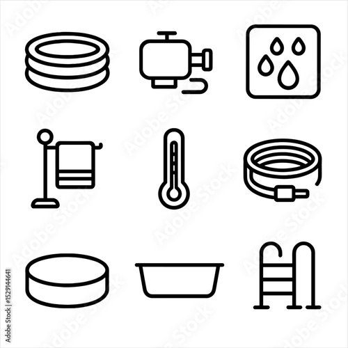 Water Birth Icon Set. Outline icon set of water birth setup: birthing pool, inflating pump, waterproof mat, towel rack, water