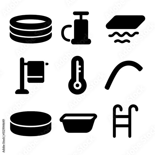 Water Birth Essentials. Solid, Filled icon set of water birth setup: birthing pool, inflating pump, waterproof mat, towel rack,