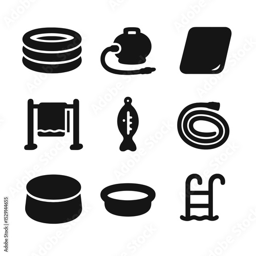 Water Birth Essentials. Solid, Filled icon set of water birth setup: birthing pool, inflating pump, waterproof mat, towel rack,