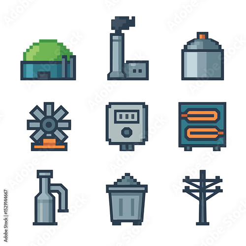 Waste-to-Energy Icons. Pixel art icon set of waste-to-energy: biogas plant, incinerator chimney, anaerobic digester tank, steam
