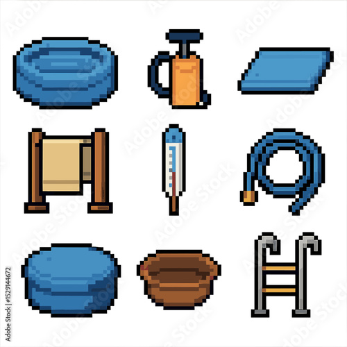 Water Birth Essentials. Pixel art icon set of water birth setup: birthing pool, inflating pump, waterproof mat, towel rack, water