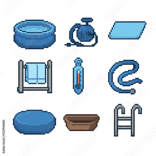 Water Birth Essentials. Pixel art icon set of water birth setup: birthing pool, inflating pump, waterproof mat, towel rack, water