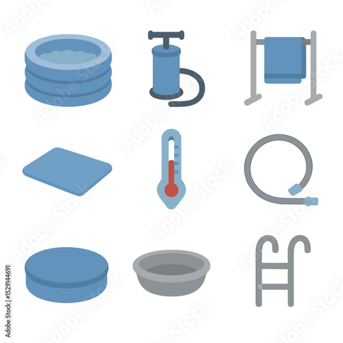 Water Birth Setup Icons. Flat icon set of water birth setup: birthing pool, inflating pump, waterproof mat, towel rack, water