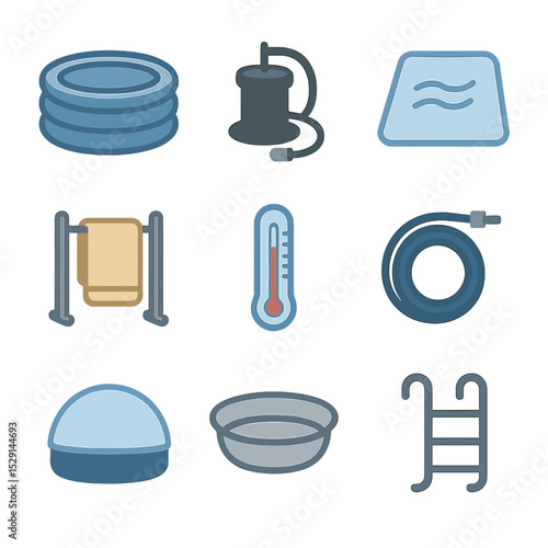 Water Birth Setup Icons. Flat icon set of water birth setup: birthing pool, inflating pump, waterproof mat, towel rack, water