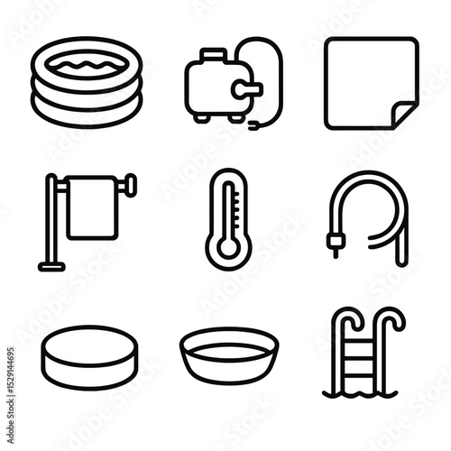 Water Birth Icon Set. Outline icon set of water birth setup: birthing pool, inflating pump, waterproof mat, towel rack, water