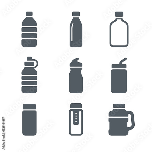 Water Bottle Icons. Flat icon set of water bottle varieties: plastic bottle, stainless steel bottle, glass bottle, collapsible