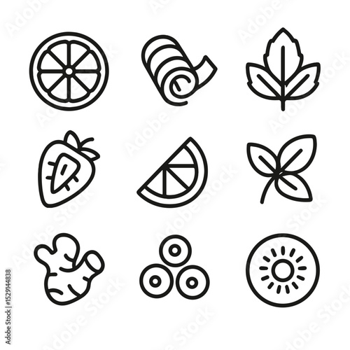 Water Infusion Icons. Outline icon set of water infusion flavors: lemon slice, cucumber ribbon, mint leaf, strawberry slice,
